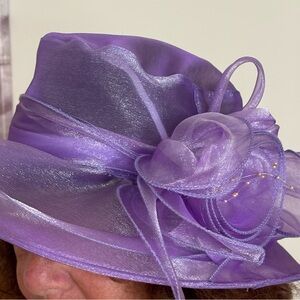 Elegant Purple Dress Hat with Wide Brim and Floral Accent